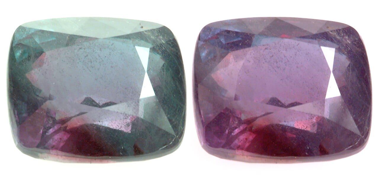 The same alexandrite: bluish green in daylight (left), purplish red in incandescent light (right)