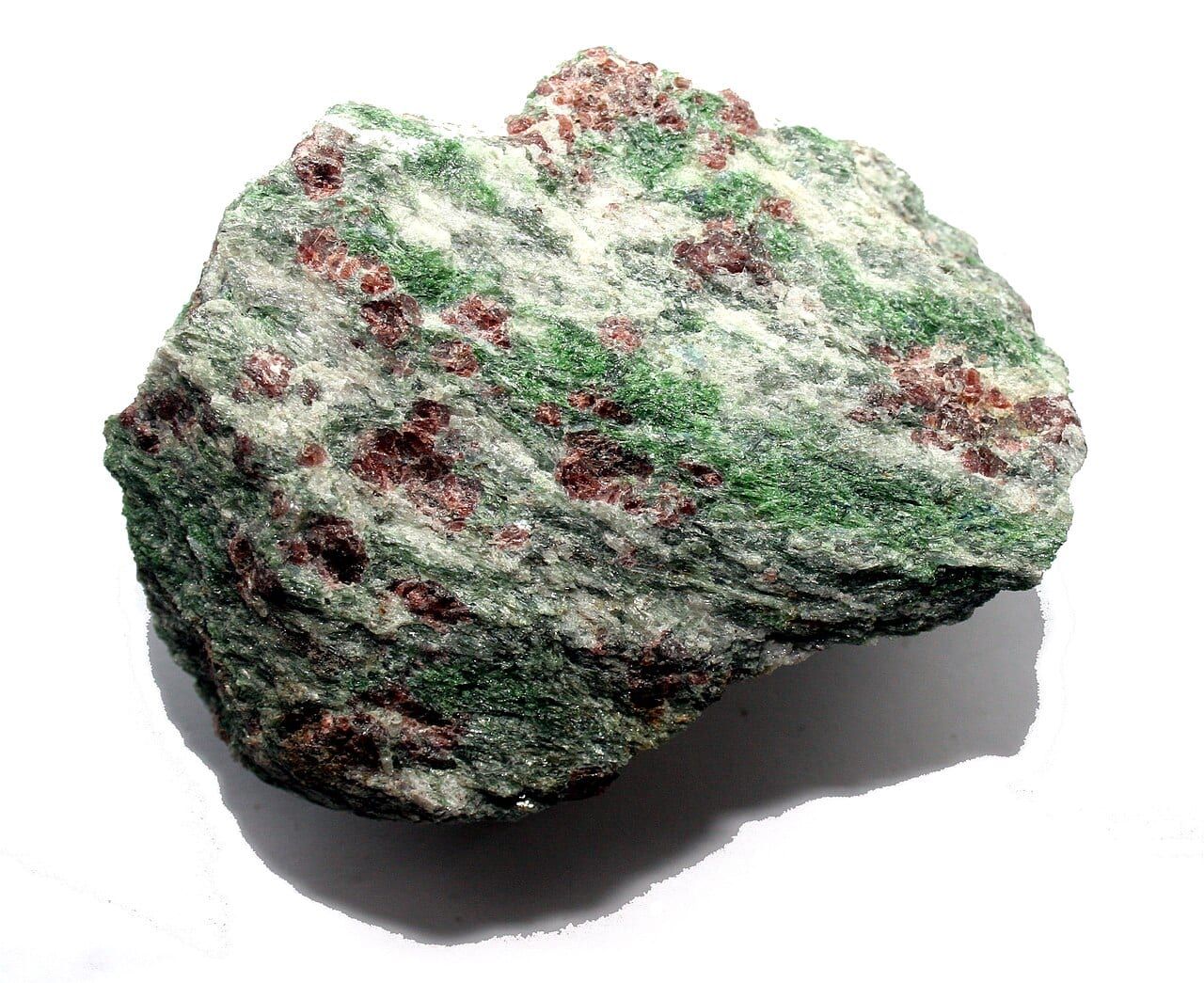Eclogite from Almenning, Norway: red-brown garnet, green omphacite and white quartz
