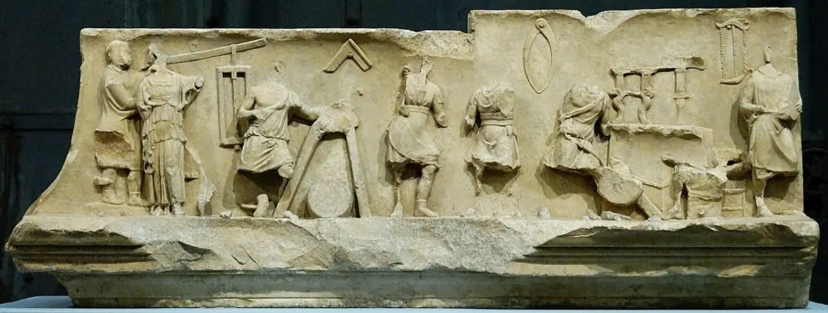 A Roman frieze in Proconnesian marble showing a carpenters' workshop (Capitoline Museums)