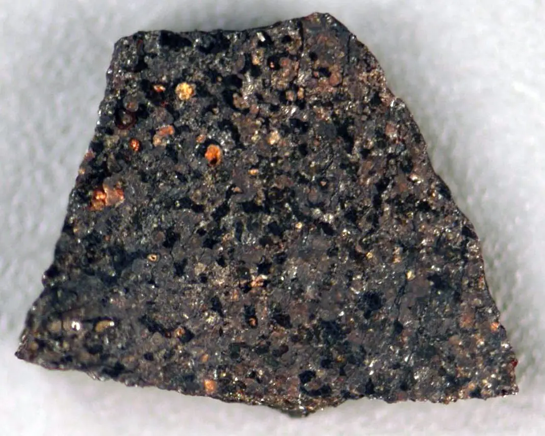 NWA 2989 akapulkoitinden 1,3 cm'lik bir dilim; nikel-demir metal siyah görünüyor