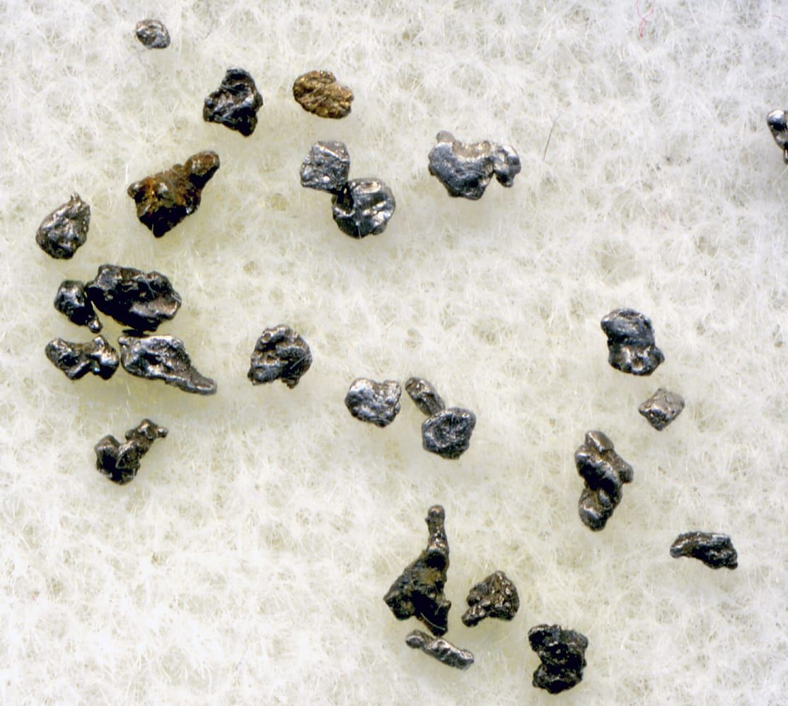 Placer platinum grains (Granite Creek, British Columbia; each 1–2 mm)